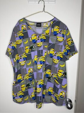 Minions Print V-Neck Scrub Top in Yellow, Purple, Gray